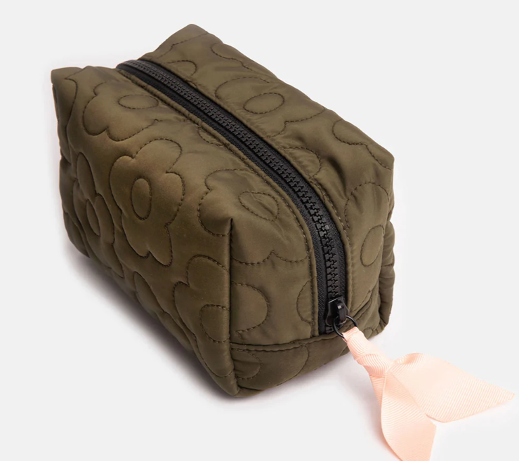 Kosmetiktasche gesteppt Blumenwürfel khaki